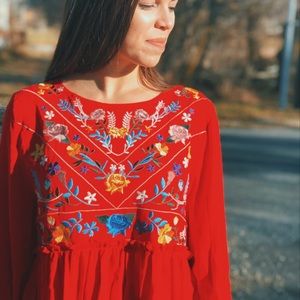 Vibrant red front embroidered tunic- NEW